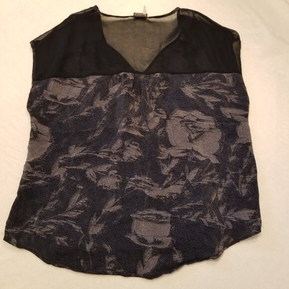 Sparkle & Fade Silk Top Navy Blue Floral Print XSmall V-Neck Tee Mesh/Sheer - Picture 7 of 10